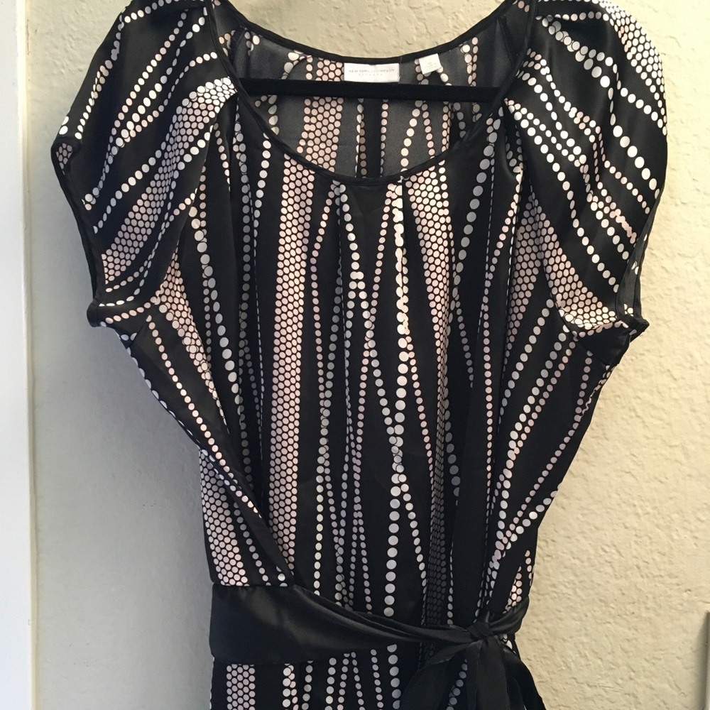 New York & Company Black and White Dot-Stripe Midi Dress with Belt